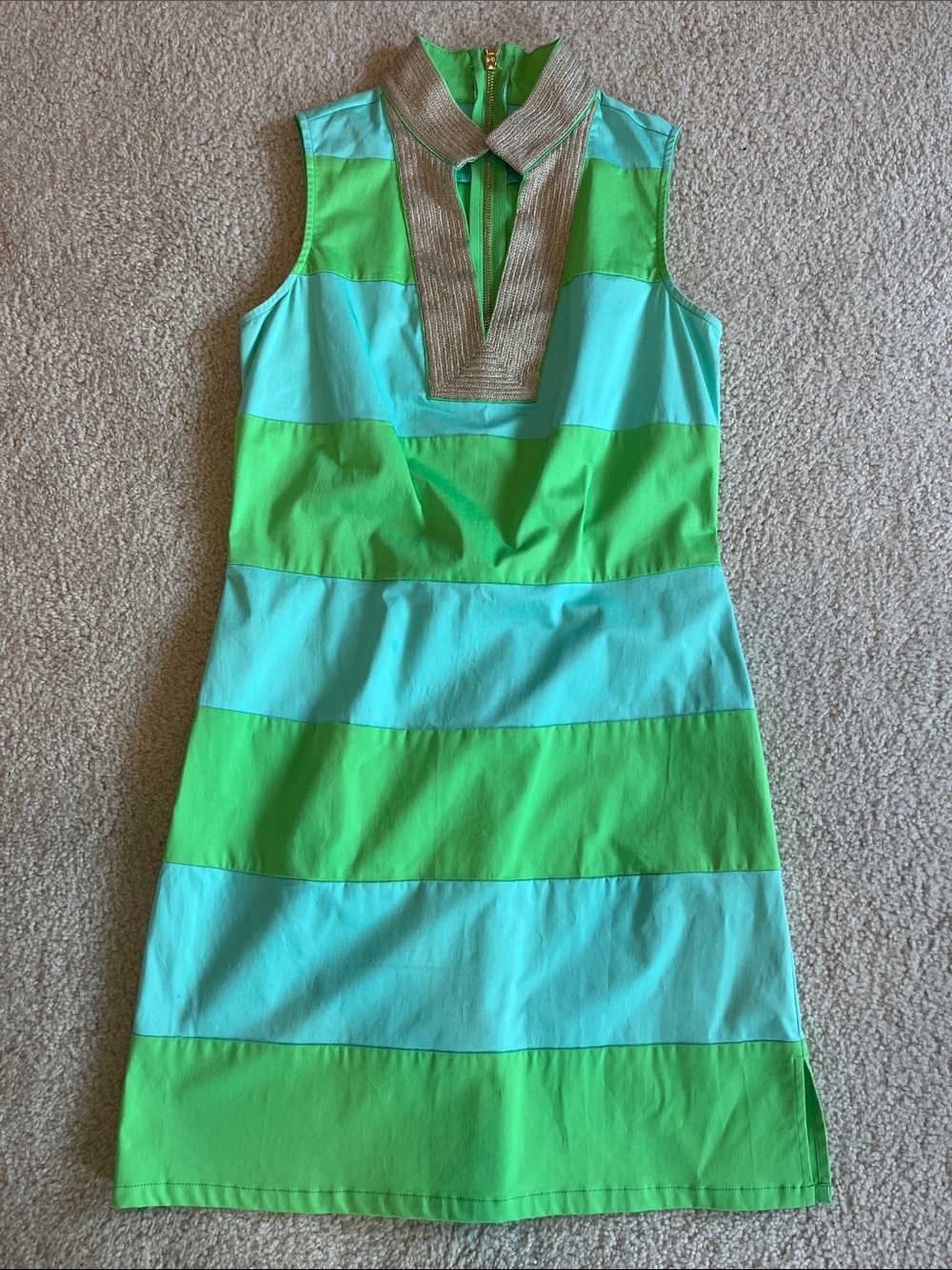 Sleeveless Stripe Shift Dress in Mint and Lime with Metallic Trim